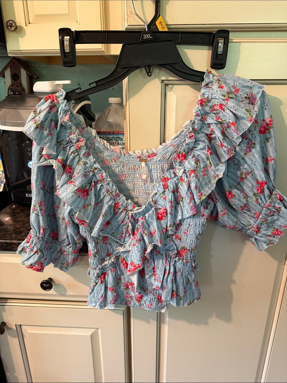Free People Blue Floral Ruffle Smocked Crop Top